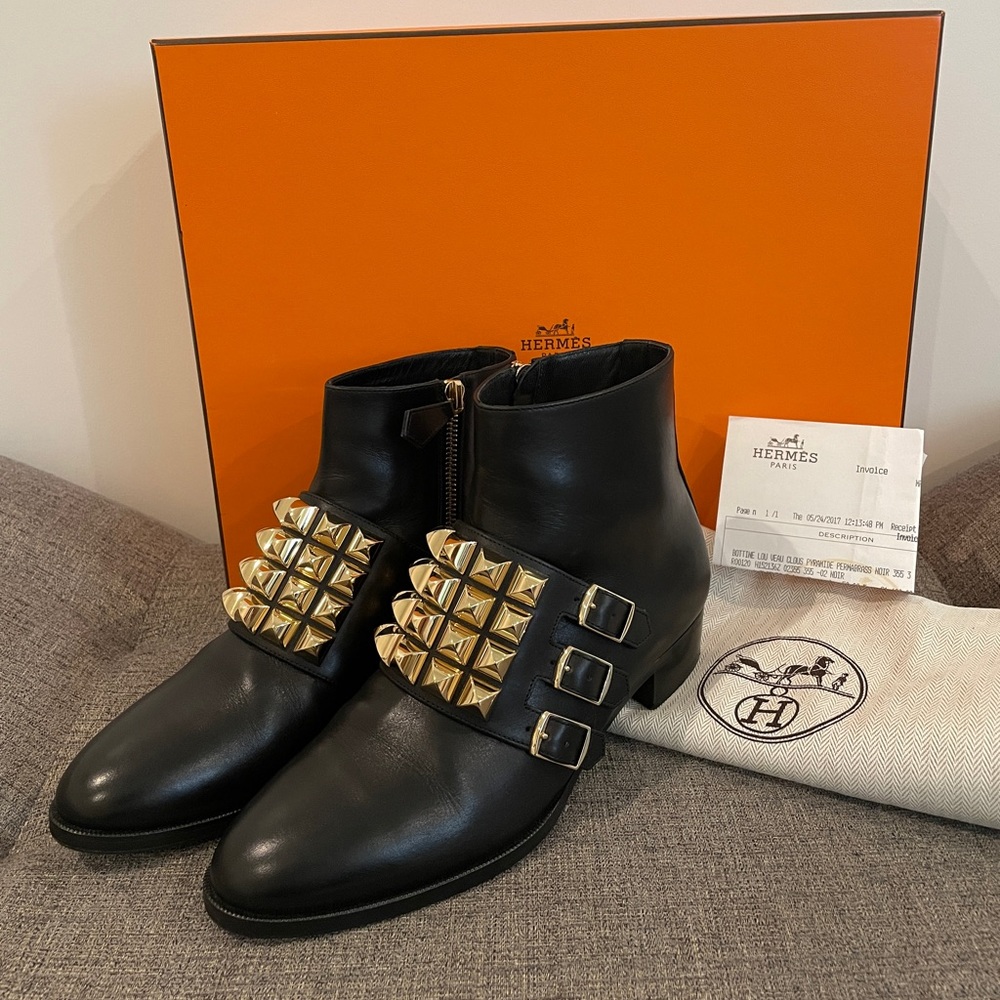 Hermes Black Leather Gold Studded Ankle Boots